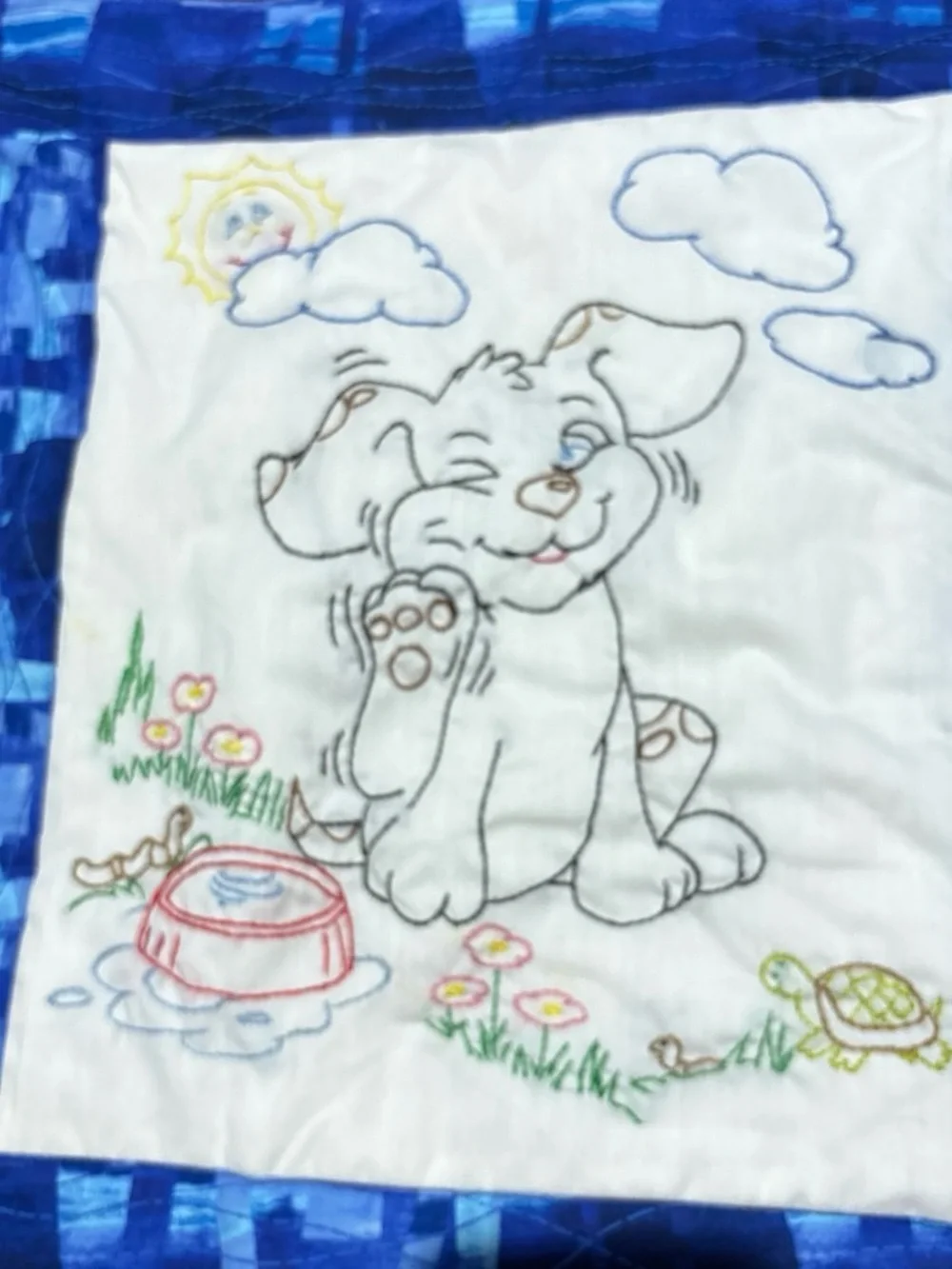 NEW VTG Handmade BABY QUILT Embroidered BLOCKS Panels animals BLANKET 45x35
